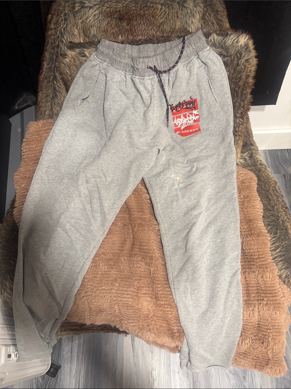 Burberry Gray Sweatpants with Red Logo Patch